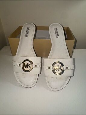 Michael Kors White Slide Sandals with Gold MK Emblem